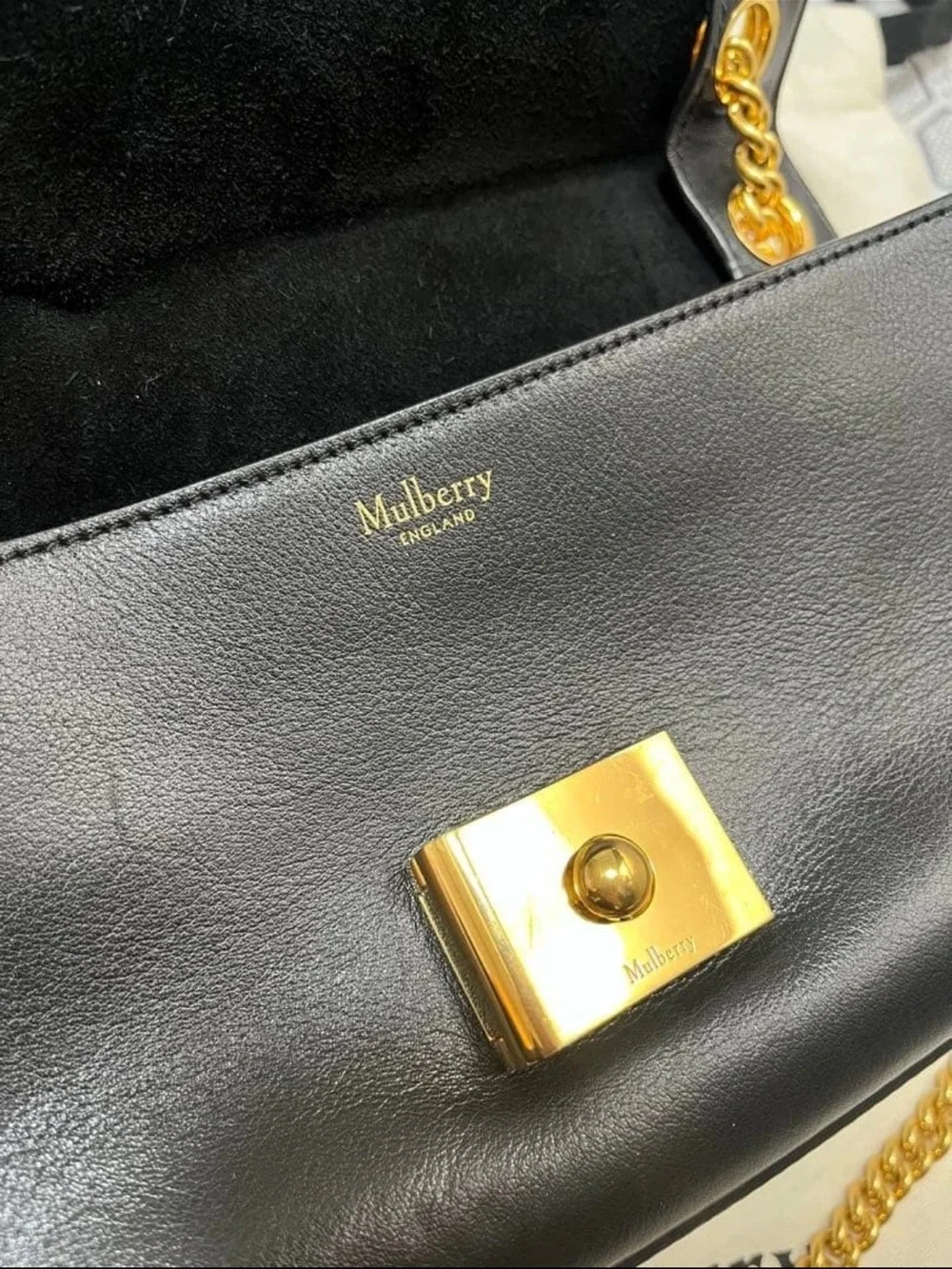 Mulberry Black Leather Satchel with Gold Chain and Turn-Lock